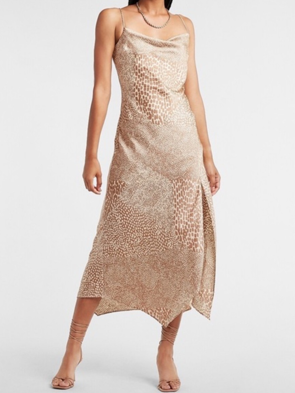 Express Animal-Print Satin Slip Dress in Beige Size-Small Quiet Luxury Resort